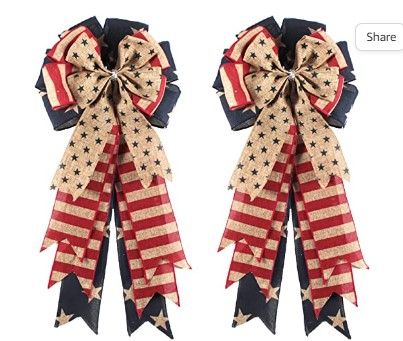 Photo 1 of 2Pcs Patriotic Wreath Bow, Stars and Stripes Burlap Bows,4th of July Memorial Day Wreath Bow for Indoor Outdoor Independence Day Veteran's Day President's Day (Red Stripe)
