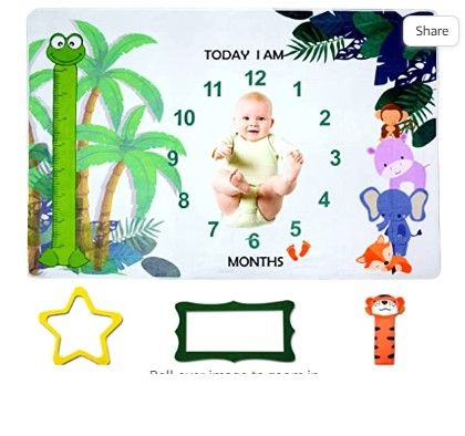 Photo 1 of Jungle Themed Baby Monthly Milestone Blanket for Boy and Girl Personalized Newborn Growth Tracking-Photography Background-Perfect Premium Extra Soft Fleece Swaddle – 60"x 40"
