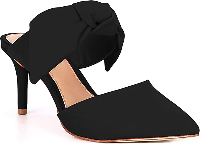 Photo 1 of ***Size: 10*** PiePieBuy Womens Pointed Toe Bow Mules Mid Heel Slip On Backless Stiletto Heel Comfy Slide Mule Shoes Black