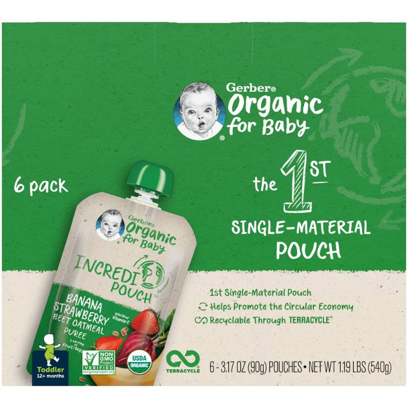 Photo 1 of 12 counts - Exp 2/28/2023 Gerber Organic Toddler 12+ Months Incredipouch Banana Strawberry Beet Oatmeal Puree - 19.02oz each
