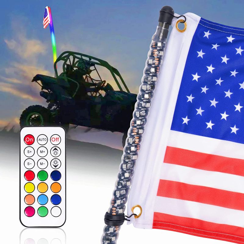 Photo 1 of ?LZHOU TECH RGB LED Whip Light with Flag, Pole RF Remote Control Spiral Lighted of Dancing/Chasing Antenna LED Whip Light for UTV ATV Off-Road Truck Sand Buggy Dune RZR Can-Am (5FT )
