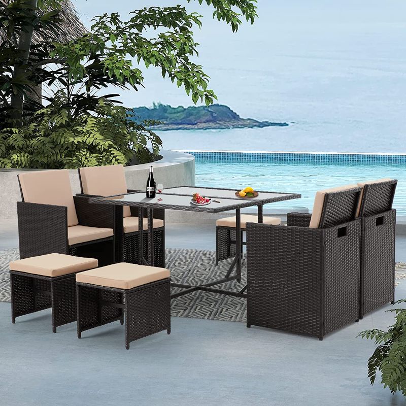 Photo 1 of **box 1 only** Vicluke 9 Pieces Patio Dining Table Set, Outdoor Table and Chairs Wicker Dining Set with Space Saving Rattan Chairs, Patio Furniture Sets Cushioned Seating and Back (Beige)
