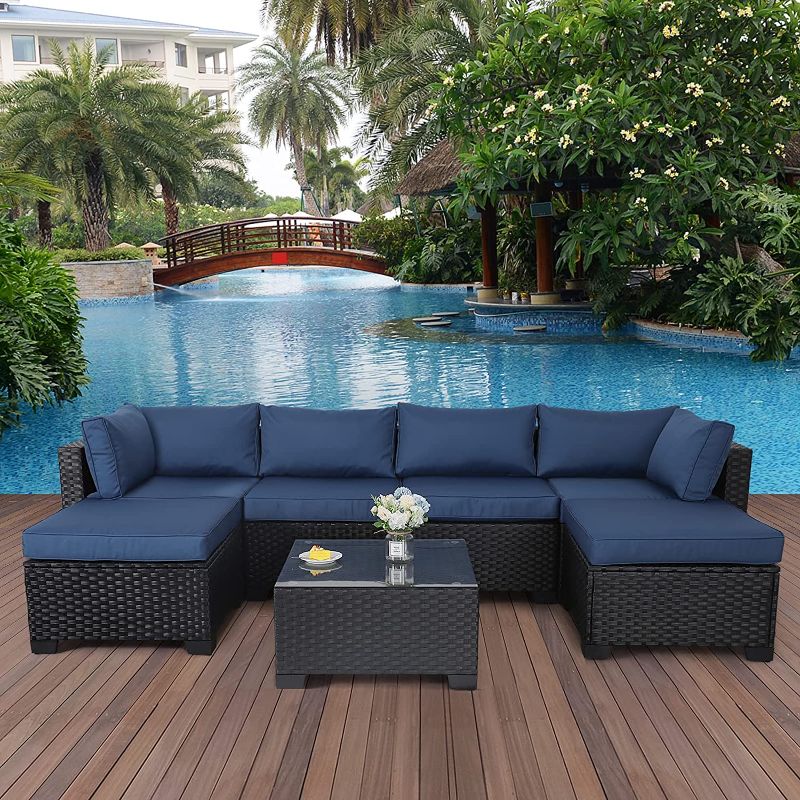 Photo 1 of **box 1 only** 7 Pieces Outdoor PE Wicker Furniture Set Patio Rattan Sectional Conversation Sofa Set with Navy Blue Cushions and Glass Top Table
