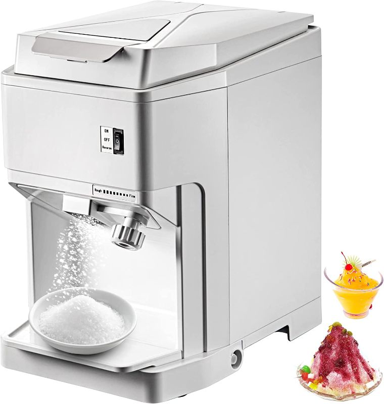 Photo 1 of VEVOR Ice Shaver Machine Electric, Shaved Ice Machine Commercial 265 LBS/H, Snow Cone Maker w/Ice Hopper & Lid, 250W Ice Crusher w/Drain Pipe Tabletop Shaved Ice Maker w/Adjustable Fineness White
