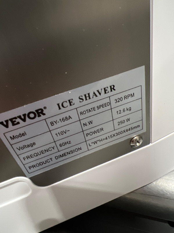 Photo 4 of VEVOR Ice Shaver Machine Electric, Shaved Ice Machine Commercial 265 LBS/H, Snow Cone Maker w/Ice Hopper & Lid, 250W Ice Crusher w/Drain Pipe Tabletop Shaved Ice Maker w/Adjustable Fineness White
