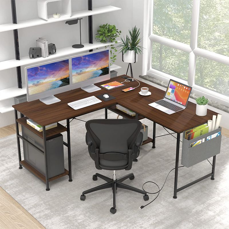 Photo 1 of TBfit L Shaped Desk with Storage Shelves,95.2 Inch Reversible Office Desk,Large Computer Gaming Desk Workstation with Power Srtipt, Long Writing Study Table(Umber)
