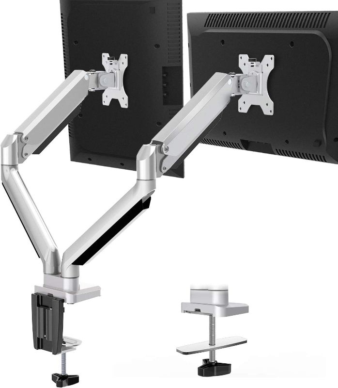 Photo 1 of MOUNTUP Dual Monitor Desk Mount, Die-Cast Aluminum Fully Adjustable Double Monitor Arm with Gas Spring, Computer Monitor Stand Fits 2 Screen 17 to 32 inch - Each Arm Holds up to 17.6LBS
