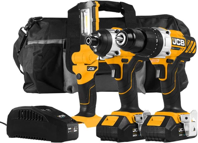 Photo 1 of JCB Tools - 20V, 3-Piece Power Tool Kit - Hammer Drill Driver, Impact Driver, LED Work Light, 2 x 2.0Ah Batteries, Fast Charger and Tool Bag - For Home Improvements, Drilling, Masonry, Screw Driving
