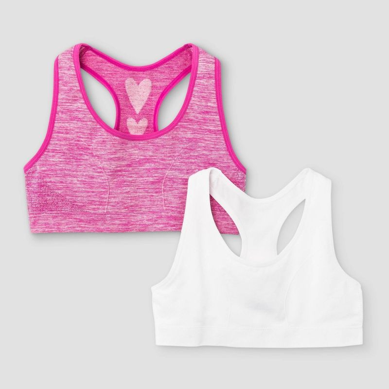 Photo 2 of 2C PACK
Girl' Olid 2pk Heart Port Bra - Cat & Jack™ SIZE: S
Girls' 2pk Spacedye Sports Bra - Cat & Jack Pink/White SIZE: S