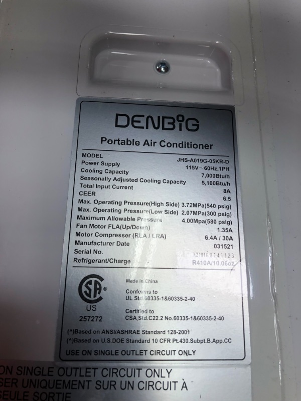 Photo 3 of **PARTS ONLY**
DENBIG Portable Air Conditioner 7,000 BTU 3-in-1 Air Conditioner, Dehumidifier, Cooling Fan with 2 Fan Speeds, Digital Display & Remote Control, and 24 Hour Timer for Rooms Up to 250 Sq.ft
