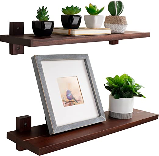 Photo 1 of Annecy Floating Shelves for Wall,24 Inch Dark Walnut Rustic Solid Wood Shelves Set of 2, DIY Assembly Floating Wall Shelves for Bedroom, Bathroom, Kitchen Storage and Wall Decor
