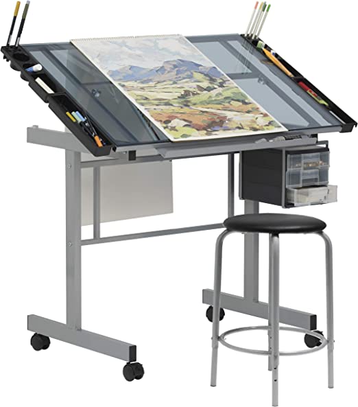 Photo 1 of SD Studio Designs Studio Designs 2 Piece Vision Modern Metal Hobby, Craft, Drawing, Drafting Table, Mobile Desk with 40.75" W x 25.75" D Angle Adjustable Top in Silver/Blue Glass
