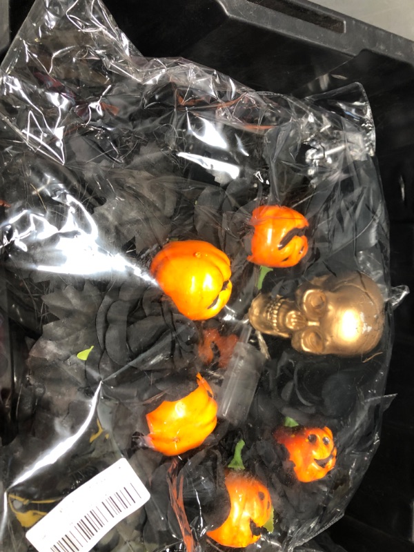Photo 1 of 20'' Halloween Decorations Outdoor/Indoor Front Door Garland, Battery Operated Halloween Lights Black Wreaths with Skeleton Pumpkin Crafts Scary Halloween Wreath Party Supplies
