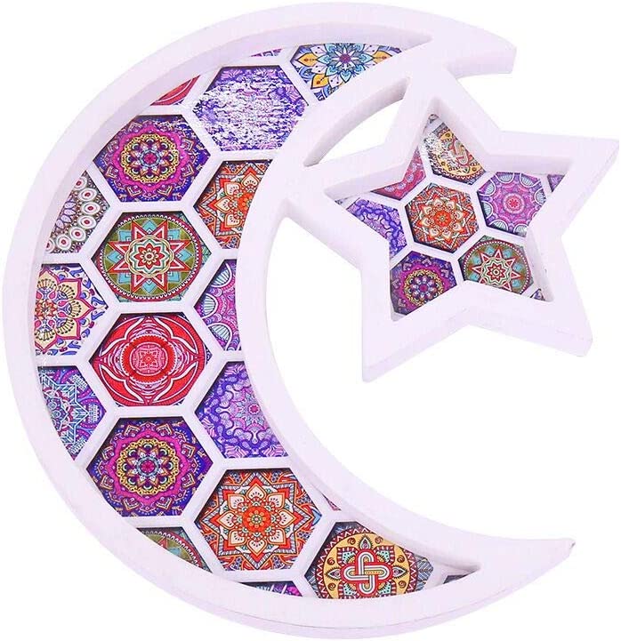 Photo 1 of Wooden Eid Mubarak Dessert Tray, Ramadan Kareem Moon Star Shape Tray, Wooden Artistic Party Serving Tableware Tray Display Wood Decoration for Parties,...
