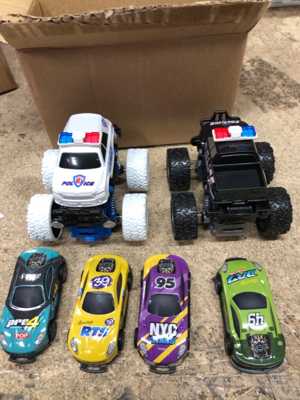 Photo 3 of 6 Pack Friction Powered Toys Push Cars for Kids Boys Girls,2 Pack 4wheel Drive Police Trucks Double-Directions Inertia Pull Back Vehicle Set,4 Pack Mini Alloy Race car