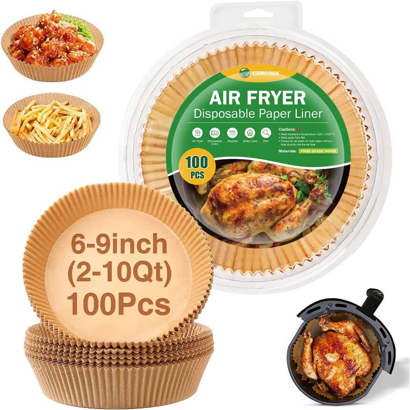 Photo 1 of Camcook Air Fryer Disposable Paper Liner, 100PCS Non-Stick Oil Resistant Parchment Paper For Air Fryer 2-5 QT, Food Graded Oil-proof Parchment Paper For Baking, Roasting, Microwave, Oven 8-inch