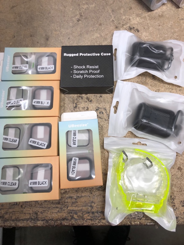 Photo 1 of  BUNDLE OF CASES 9 PACK. 2 regular cases for watch, 2 airpods cases, 5 CASES for Apple Watch Series 7 41mm with 9H Tempered Glass Screen Protector, Full Coverage Apple Watch Protective Cover, 1 Black+1 Transparent