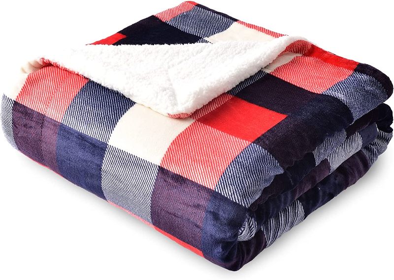 Photo 1 of SOCHOW Buffalo Plaid Sherpa Fleece Throw Blanket, Double-Sided Checkered Super Soft Luxurious Bedding Blanket 50 x 60 inches, Red/Blue
