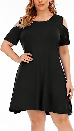 Photo 1 of Aksbgg Womens Plus Size Dress Short/Long Sleeve Cold Shoulder Casual T-Shirt Loose Swing Mini Dress
