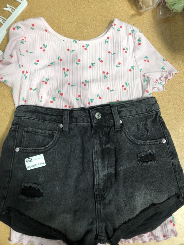 Photo 2 of ***BUNDDLE***
Women's Super-High Rise Cheeky Jean Shorts - Wild Fable™
Girls' Cherry Short Sleeve T-Shirt - Cat & Jack™ Light Pink