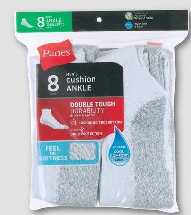 Photo 1 of (3 ITEM BUNDLE) Hanes Men's Cool Dri 8pk Ankle Socks With FreshIQ - White SIZE 6-12 + 3PK MENS FISHING SOCKS SIZE 10-13 + HANES XTEMP BOXER BRIEFS SIZED LARGE