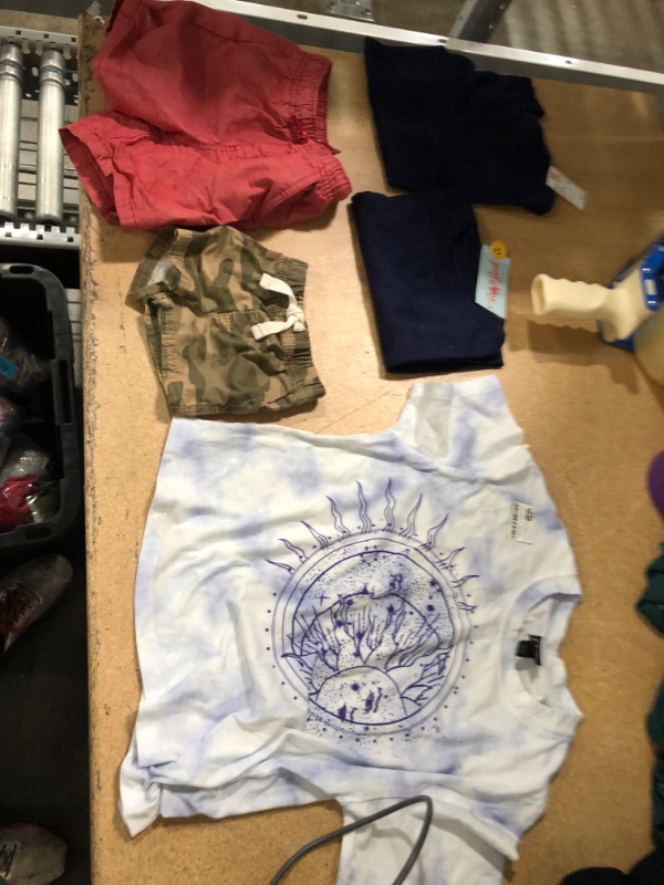 Photo 2 of (BUNDLE OF 5 YOUTH CLOTTHING BOYS/GIRLS) Girls' Boxy Cropped Graphic T-Shirt SIZE YOUTH MEDIUM + Boys' 2pk Short Sleeve T-Shirt - Cat & Jack SIZE YOUTH XSMALL + NEWBORN SIZED CAMO SHORTS + 3T SIZED RED SHORTS 