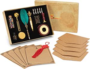 Photo 1 of (MISSING PAPER) Soghem Feather pen and ink set for calligraphy including Quill pen, wax seal warmer, Ink, Nibs, Wax seal multicolor, Seal Stamp, vintage envelopes and letter paper, tool to open envelope., Green
