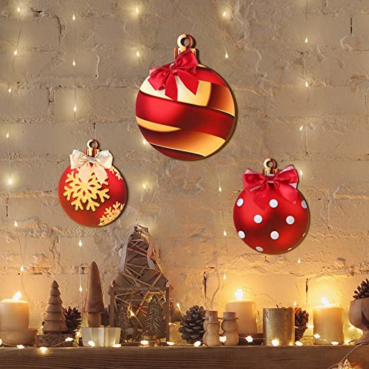 Photo 1 of 3 Pieces Christmas Balls Shape Wood Sign Christmas Red Wooden Balls Shape Door Sign Christmas Red Bell Wall Hanging Decoration with Bow Snowflake with Hook for Christmas Party Home Window Wall Decor
