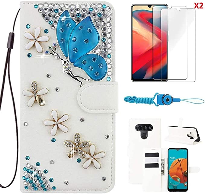 Photo 1 of Compatible with LG Stylo 6 / LG K71 with 2 Screen Protector Temperd Film & Straps,3D Handmade Bling Design Magnetic Wallet Stand Leather Cover Case (Flowers Blue Butterfly)
