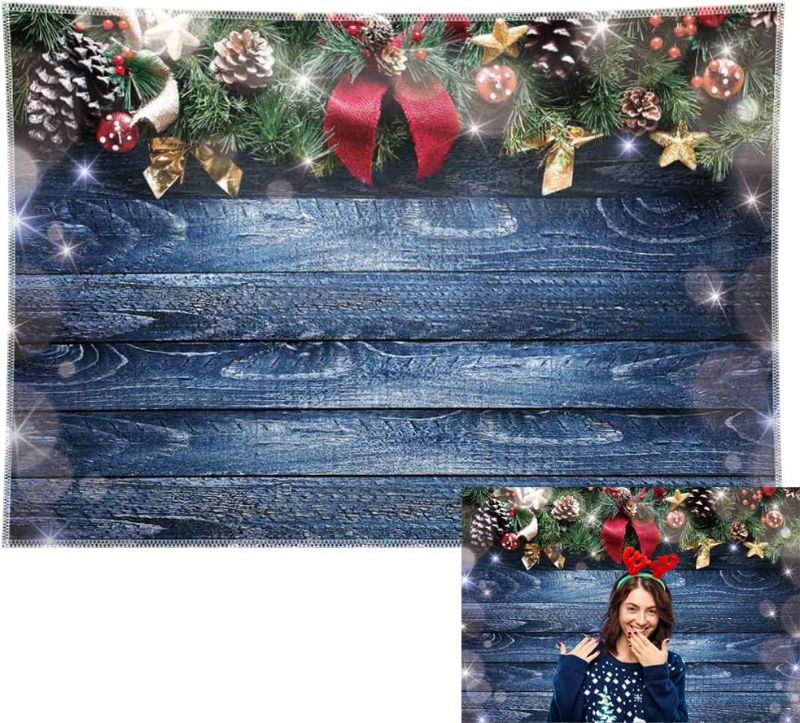 Photo 1 of Allenjoy 7x5ft Durable/Soft Fabric Christmas Backdrop Blue Wooden Wall Floor Photography Background Xmas Winter Holiday Party Supplies Glitter Decorations Video Studio Photo Booth Props
