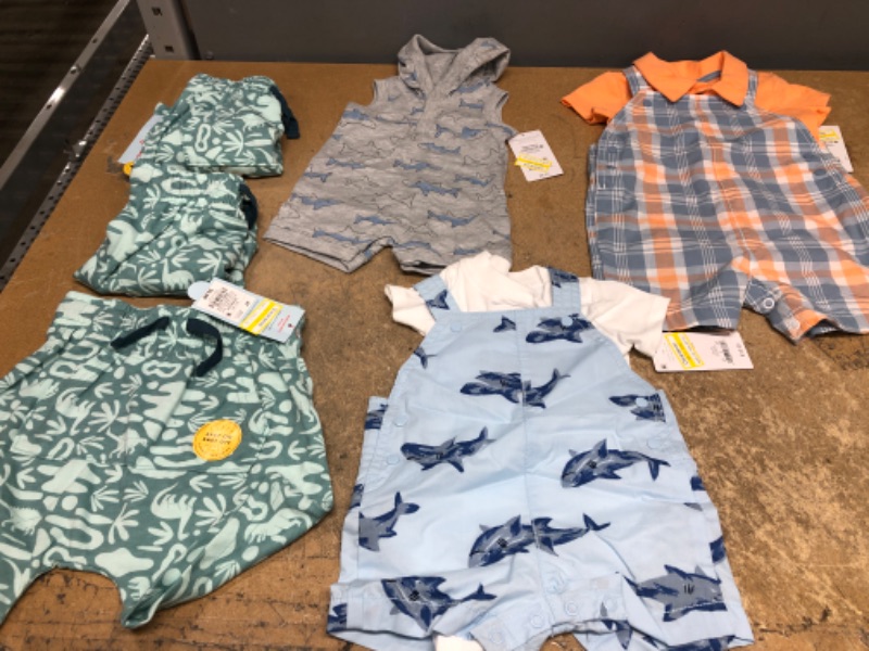 Photo 1 of BUNDLE OF: BABY BOY CLOTHING (X3) GREEN SHIRTS-SIZE 4T, SHARK JUMPSUIT SIZE-NB, BLUE SHARK OVERALLS-SIZE 3M, ORANGE/ BLUE PLAID OVERALLS-SIZE 9M