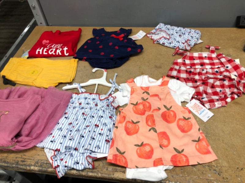 Photo 1 of BUNDLE OF: BABY GIRL CLOTHING (2T) RED LONG SLEEVE SHIRT, (NB) NAVY BLUE DRESS, (3-6M) MICKEYMOUSE BOTTOMS, (4T) MUSTARD YELLOW SHORTS, (NB) MICKEYMOUSE TOP & BOTTOM, 3-3M) RED CHECKERED DRESS, (3M) PEACH DRESS, (4T) PURPLE DRESS