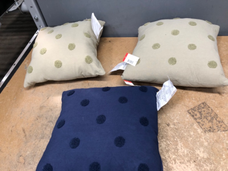Photo 1 of (X2) SMALL GREEN PILLOWS, SMALL NAVY BLUE PILLOW