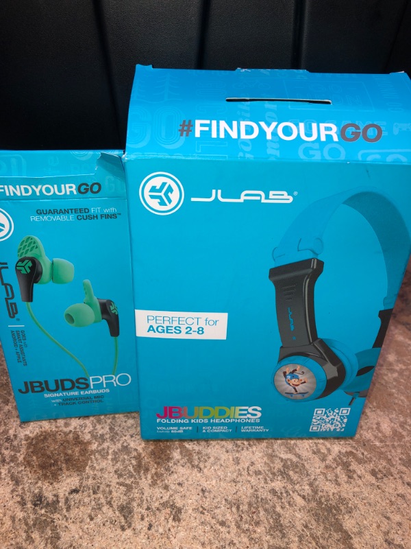 Photo 4 of JLab Wired JBuds Pro Signature Earbuds with Universal Mic, Teal AND JBuddies Folding Wired Kids Headphones