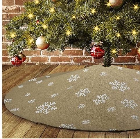 Photo 1 of (X3) Ivarunner 48 Inch Large Christmas Tree Skirt, Burlap Rustic Fall Tree Skirt with White Snowflake, Xmas Tree Mat for Thanksgiving Christmas Tree Decorations Rustic Farmhouse Jute Ornaments
