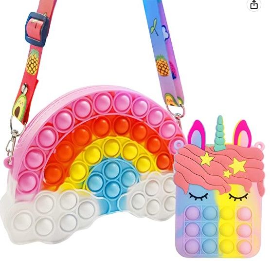 Photo 1 of (X2) 2 Pack Pop Shoulder Bag Toys for Girls and Women, Big Rainbow Pop Fidget Bag Lovely Cartoon Pop Purse Bags for Mom and Daughter Easter Party Favors
