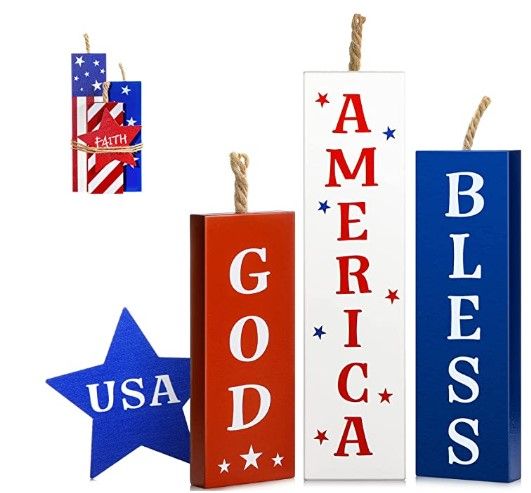 Photo 1 of (X2) 4 Pcs 4th of July American Wooden Blocks Independence Day Americana Decor Faith USA Tiered Tray Wood Signs Patriotic Table Centerpieces Memorial Day Decor
