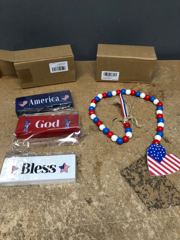 Photo 2 of (X2) 4 Pcs 4th of July American Wooden Blocks Independence Day Americana Decor Faith USA Tiered Tray Wood Signs Patriotic Table Centerpieces Memorial Day Decor
