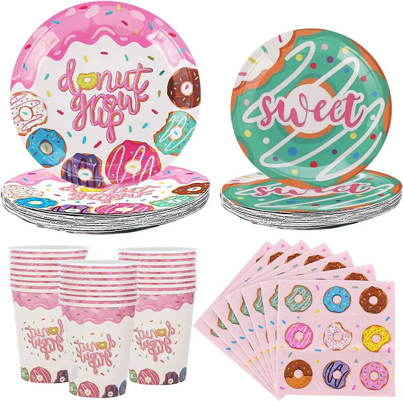 Photo 1 of Oigco Donut Birthday Party Supplies Serves 16 Includes Pink Donut Paper Plates, Dessert Paper Plates, Cups and Napkins Perfect for Donut Themed Birthday Baby Shower Donut Grow Up Parties Decoration
