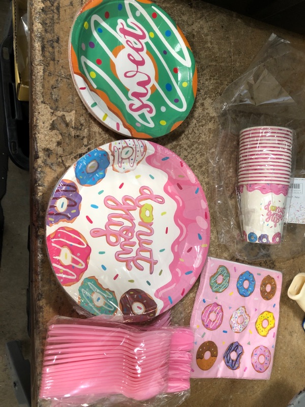 Photo 2 of Oigco Donut Birthday Party Supplies Serves 16 Includes Pink Donut Paper Plates, Dessert Paper Plates, Cups and Napkins Perfect for Donut Themed Birthday Baby Shower Donut Grow Up Parties Decoration
