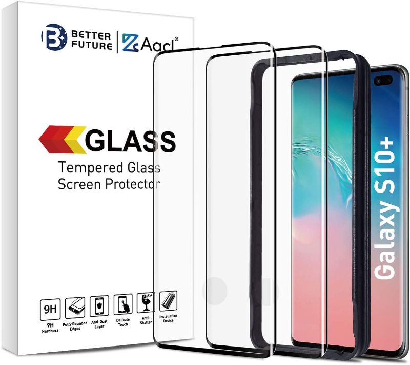 Photo 1 of Glass Screen Protector for Samsung Galaxy S10 Plus,6.4-Inch,2 Pack,Curved Tempered Glass,Compatible with Ultrasonic Fingerprint Scanner,Black
