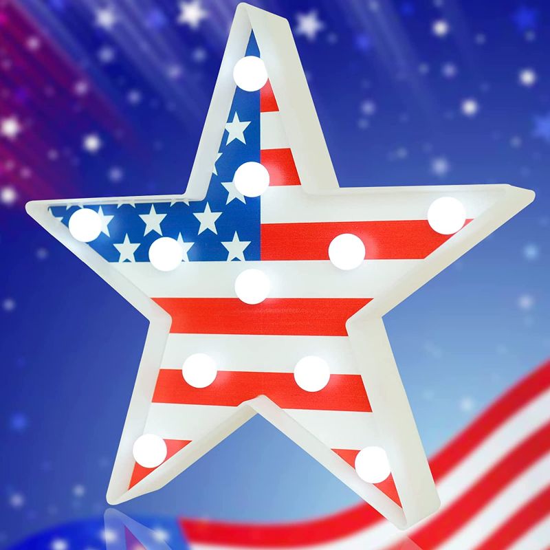 Photo 1 of 4th of July Decorations Marquee Star Sign, Table Top Decor American Flag Star Lights for Independence Memorial Day Table Centerpieces Wall Decorations
