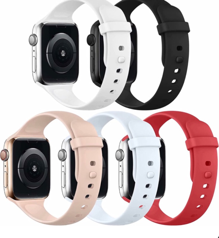 Photo 1 of UHKZ 5 Pack Sport Bands Compatible with Apple Watch Bands 42mm 44mm, Soft Silicone Replacement Strap Women Men for iWatch Series SE/6/5/4/3/2/1,White/Black/Pink Sand/Sky Blue/Red,L