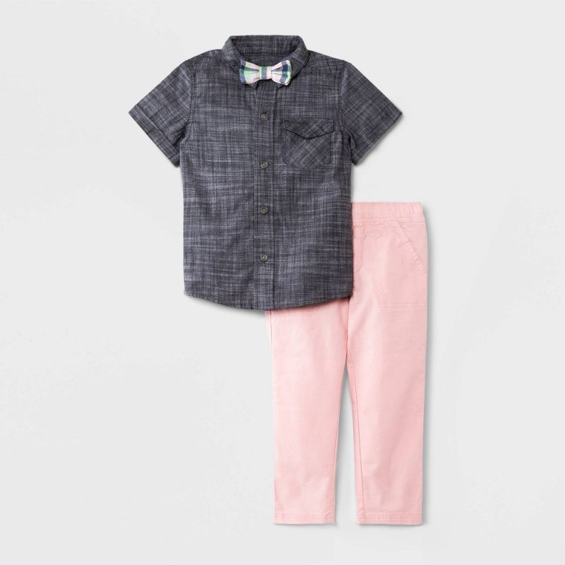 Photo 1 of Toddler Boys' 2pc Chambray Woven Short Sleeve Button-Down Shirt and Chino Pants Set with Bowtie - Cat & Jack™