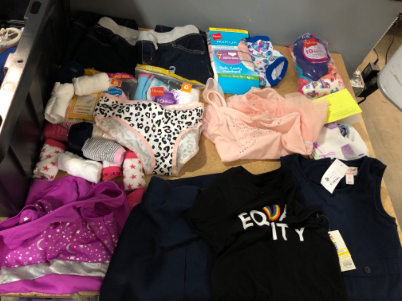 Photo 1 of Assorted Target Girls Clothing Items; Uniform Skirt/Dress XS/5T, Leotards S, Pants 12, Underwear 6, 8, 14 and Socks L 14 PACK 