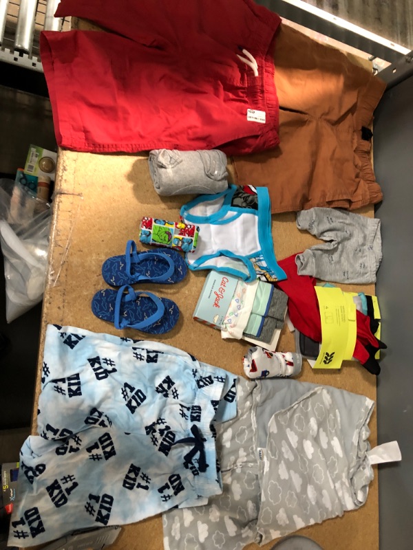 Photo 1 of Assorted Cat and Jack Boys Clothing; Underwear L, 2-4T, Shorts L, Pajama Bottoms XS, Baby Boy Sandals 7-8 and 0-3 M Swaddler 18 Pack 