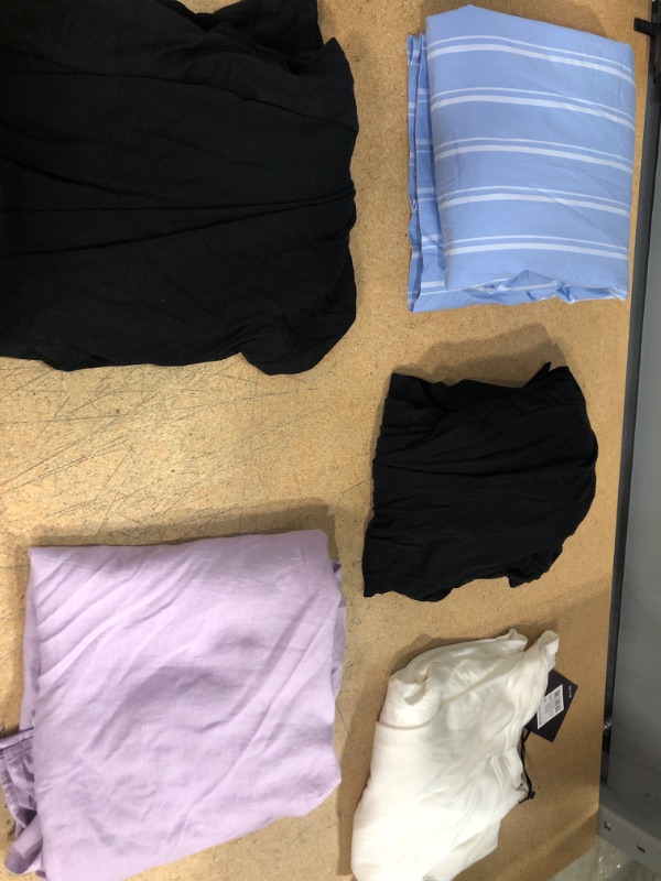 Photo 1 of BUNDLE OF WOMAN CLOTHING: (2XL) BLUE STRIPED DRESS, (2XL) BLACK DRESS, (3XL) BLACK DRESS, (4XL) PURPLE TOP,L (2XL WHITE LONG SLEEVE SHIRT