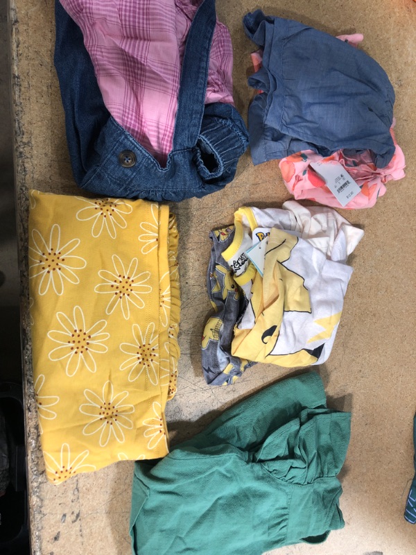 Photo 1 of BUNDLE OF TODDLER GIRL CLOTHING: (4T) GREEN DRESS, (5T) YELLOW FLORAL DRESS, (4T) PINK SHIRT WITH BLUE DRESS, (XS-4/ 5) POKEMON 2PCS SET, (4T) 2 PCS SET