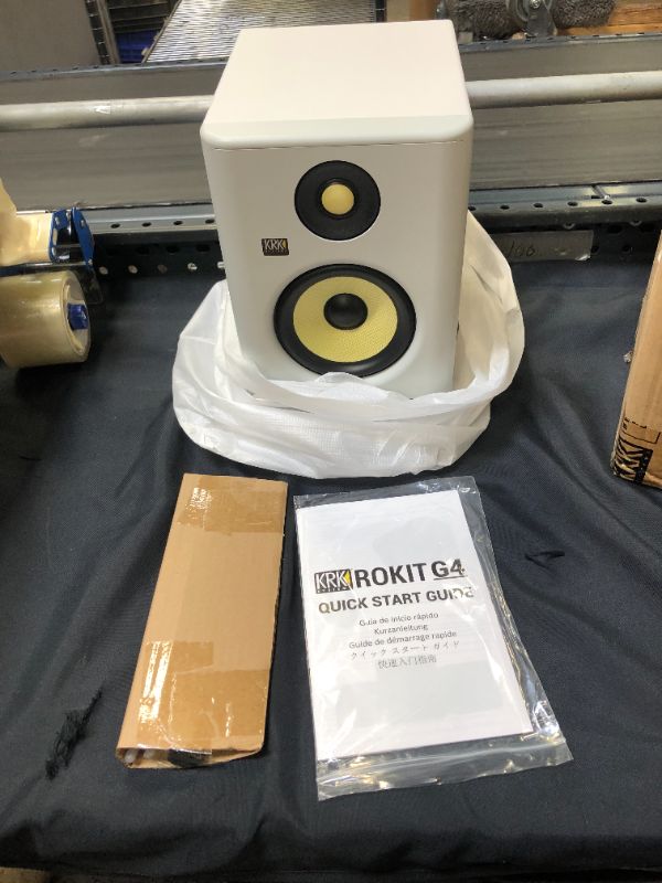 Photo 1 of KRK RP5 Rokit 5 G4 Professional Bi-Amp 5" Powered Studio Monitor Noise White (2-pack) Bundle with Medium Speaker Monitor Acoustic Isolation Stands and 0.5 x 6" Touch Fastener Straps