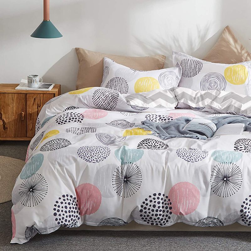 Photo 1 of 3 Piece Duvet Cover Set King (1 All Season Design Summer Duvet Cover + 2 Pillow Shams) with Colorful Dots - 800 TC with Zipper Closure, 4 Corner Ties - Pink Gray Yellow Circles for Adult